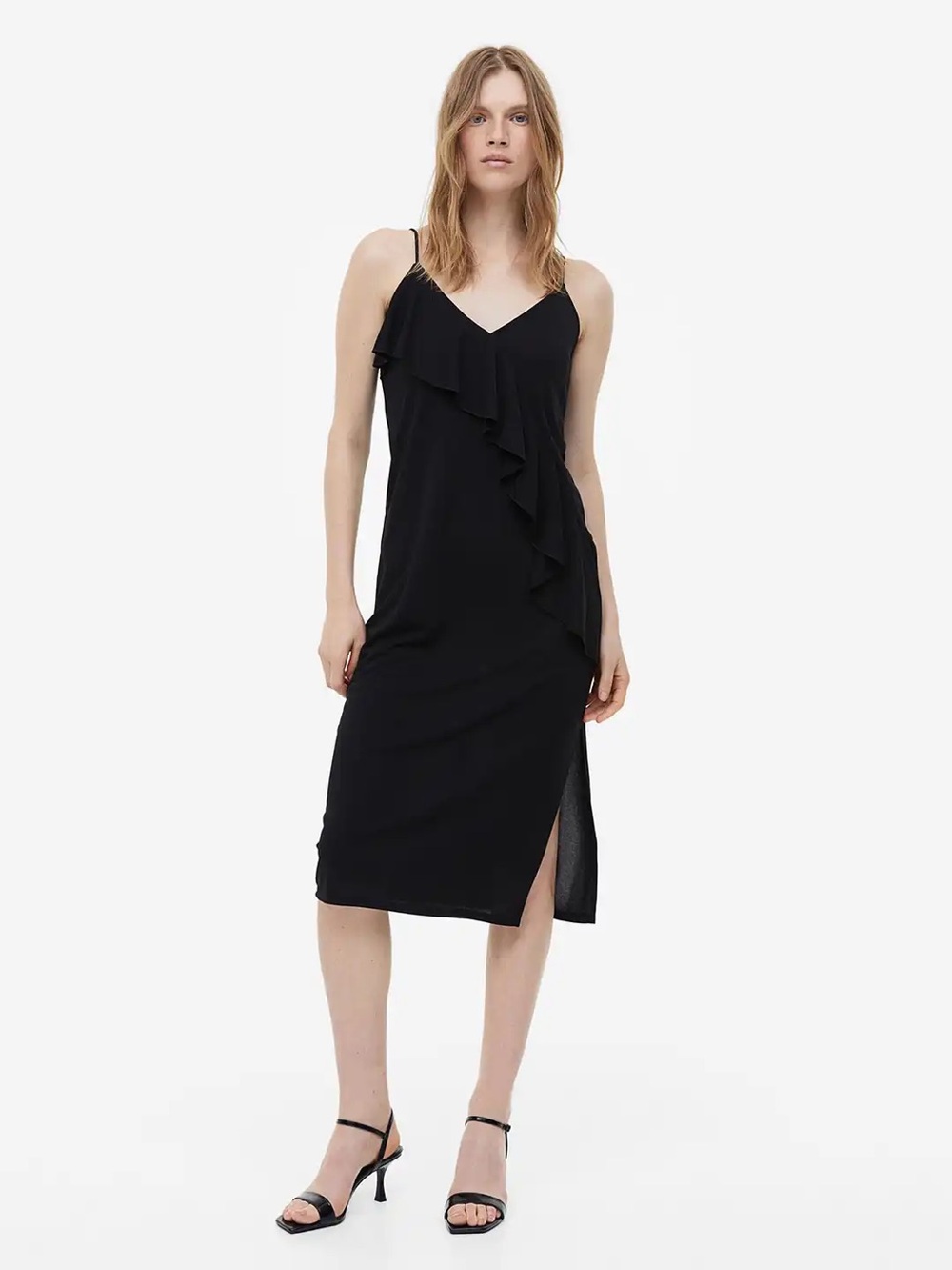 H&M Black Ruffle Midi Slip Dress